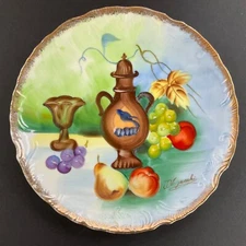 Norleans Vtg. Porcelain Wall Or Cabinet Plate Signed Wine & Fruit Pattern Decor