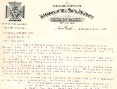 1902 9th Regiment Veterans Gettysburg Cavalry Col William L Hermance Notice CSP6