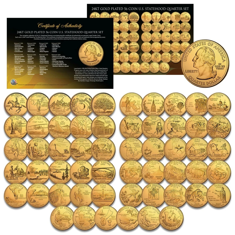 1999-2009 COMPLETE SET of ALL 56 Statehood U.S. Quarters 24K GOLD PLATED Coins - Image 3 of 3