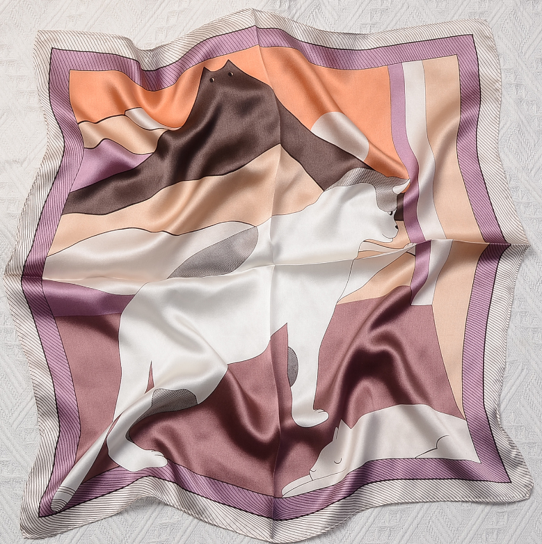 Silk Mulberry 53x53cm Scarf with Cute Kitten Print for Women