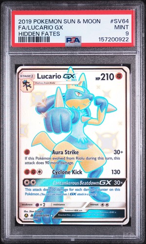 2019 POKEMON SUN & MOON HIDDEN FATES #SV64 FULL ART/LUCARIO GX PSA 9