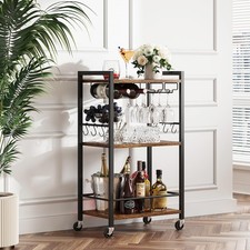 TUTOTAK Drinks Trolley, Bar Cart with 3-Tier Shelf, Serving Rustic Brown 