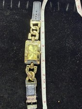 Geneva Women's Rectangle Gold Tone Analog Quartz Dress Watch Blue Strap