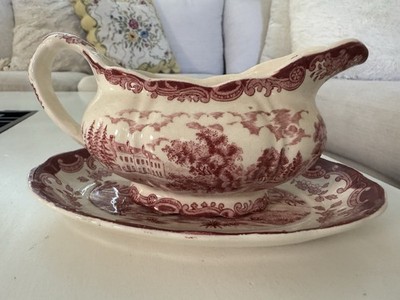 Royal Worcester 1790 Avon Scenes Red White Gravy Boat & Plate Palissy England