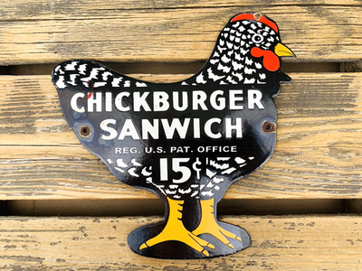 #ad VINTAGE 10x10quot; CHICKBURGER SANWICH FAST FOOD SODA POP GAS PORCELAIN OIL SIGN $179.00