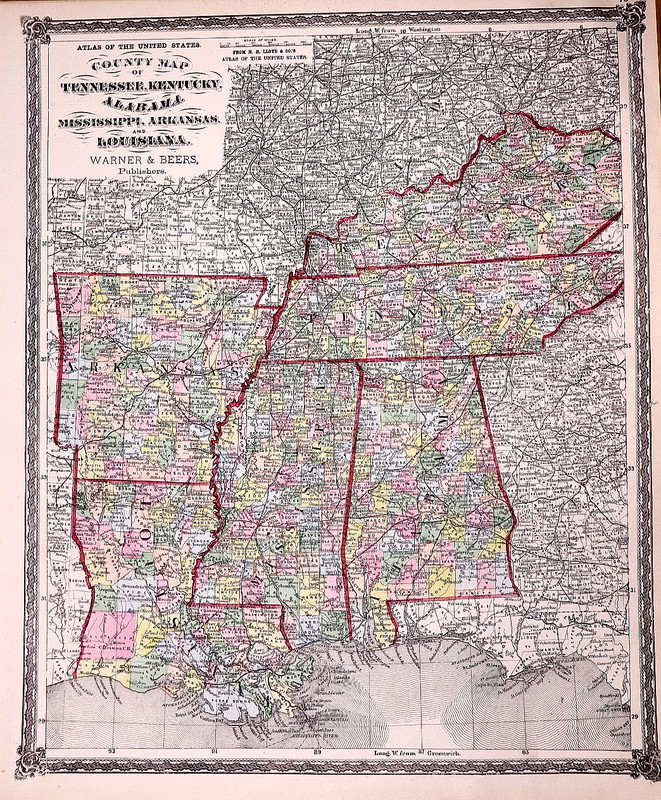 1875 Map ~ Mississippi, Alabama, Louisiana, Tennessee, Arkansas by H.H. Lloyd