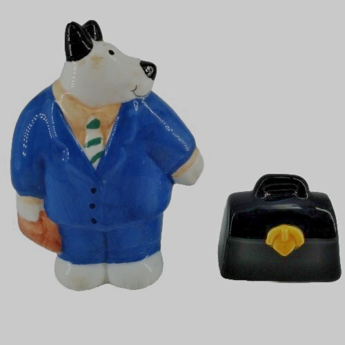 Coco Dowley Spuds & Briefcase Business Dog Salt & Pepper Shakers Stamped 4" Tall