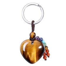Natural Tiger Eye Heart Crystal Keychain 7 Chakra Healing Gemstone Key Ring C...