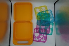 Vintage Tupperware Stencil Set with Yellow Carry Case Letters Numbers Shapes