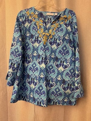 BELLISIMA Kim Gravel S Blue Embroidered Split Neck Long Sleeve Tunic Blouse