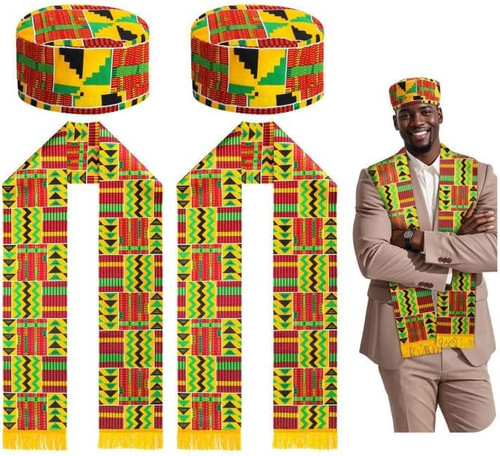 2 Set African Kente Stole Kufi Hat, African Attire for Men, Dashiki for Black Hi