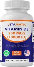 Vitamatic Vitamin D3 10000 IU (250 mcg) - 500 Softgels (Olive Oil Based)