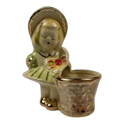 USA Shawnee Pottery #534 Bonnet Girl with Basket Planter With Gold Accents