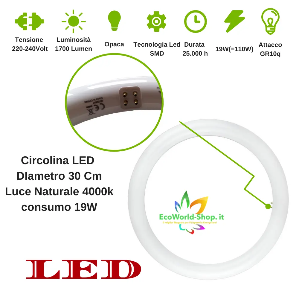 circolina led 19w lampada 30 cm attacco t9 g10q 1700 lumen