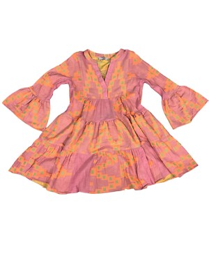 Devotion Twins Ella Mini Dress Womens XS Pink Orange New Geometric Bell Sleeve