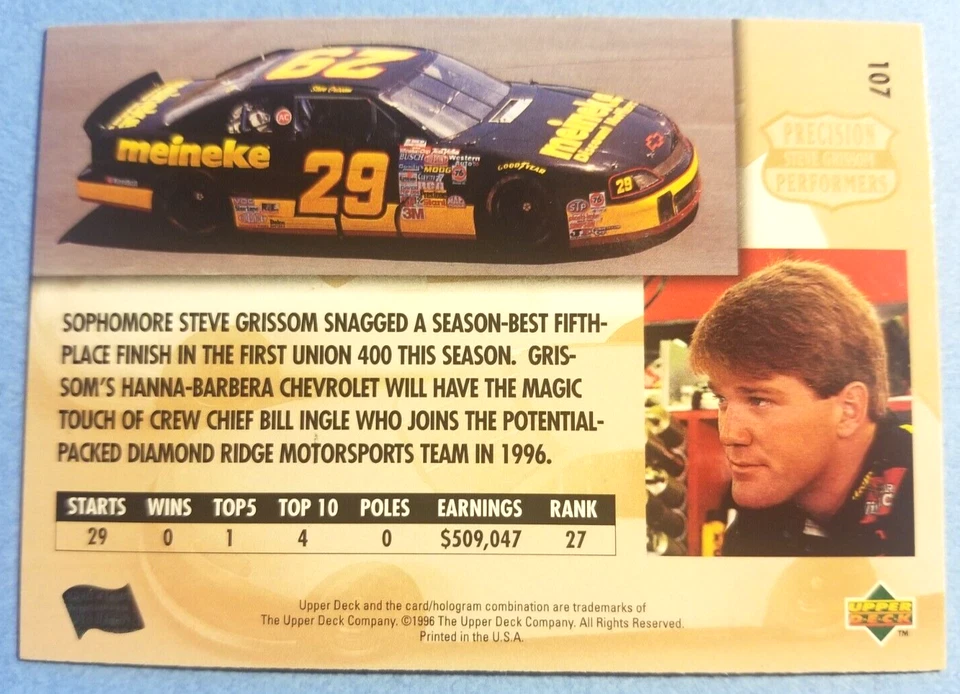 STEVE GRISSOM 1996 UPPER DECK #107 AUTOGRAPHED NASCAR RACING CARD - Image 2 of 2