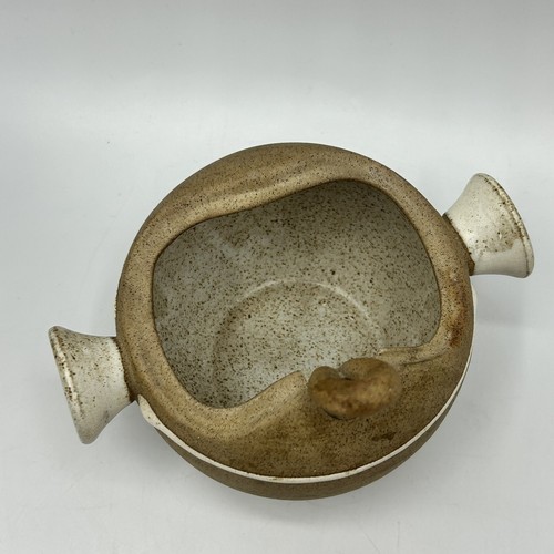 Vtg Earthenware Pottery Sugar Bowl Lidded Spoon 3pc Studio Brown Tan Lid - Picture 9 of 12