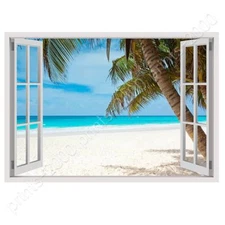 Palm On The Beach by Fake 3D Window | Ready to Hang Canvas | Wall art paint HD