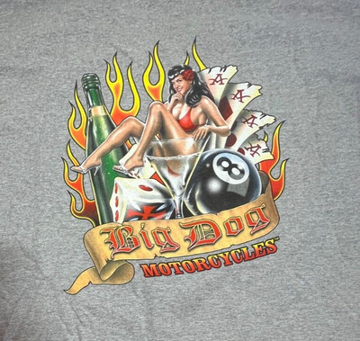 NEW BIG DOG MOTORCYCLES GRAY SHORT SLEEVE SHIRT W/ LADY IN GLASS & 4 ACES 4XL