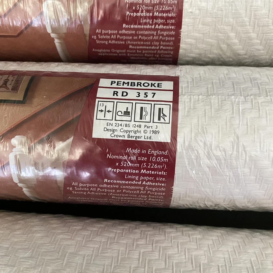 3 rollos de papel tapiz pintable con textura blanca Anaglypta PEMBROKE RD357 hecho en Inglaterra Foto 4 de 4