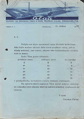 OTROKOVICE ČSR , Brief 1939, Lederschuhe Vojtech Chlud, Továrny na dámskou obuv