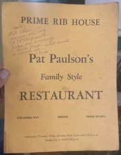 ca.1978 Redding, California PRIME RIB HOUSE Pat Paulson’s RESTAURANT Menu
