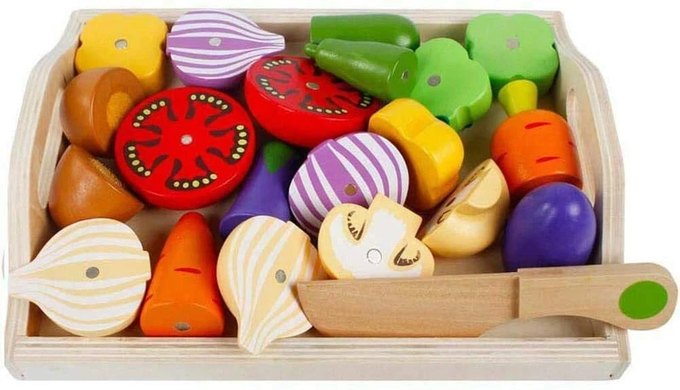 Wooden Vegetables Cutting Toys, Pretend Play Kitchen Kits Toy Wood Veg