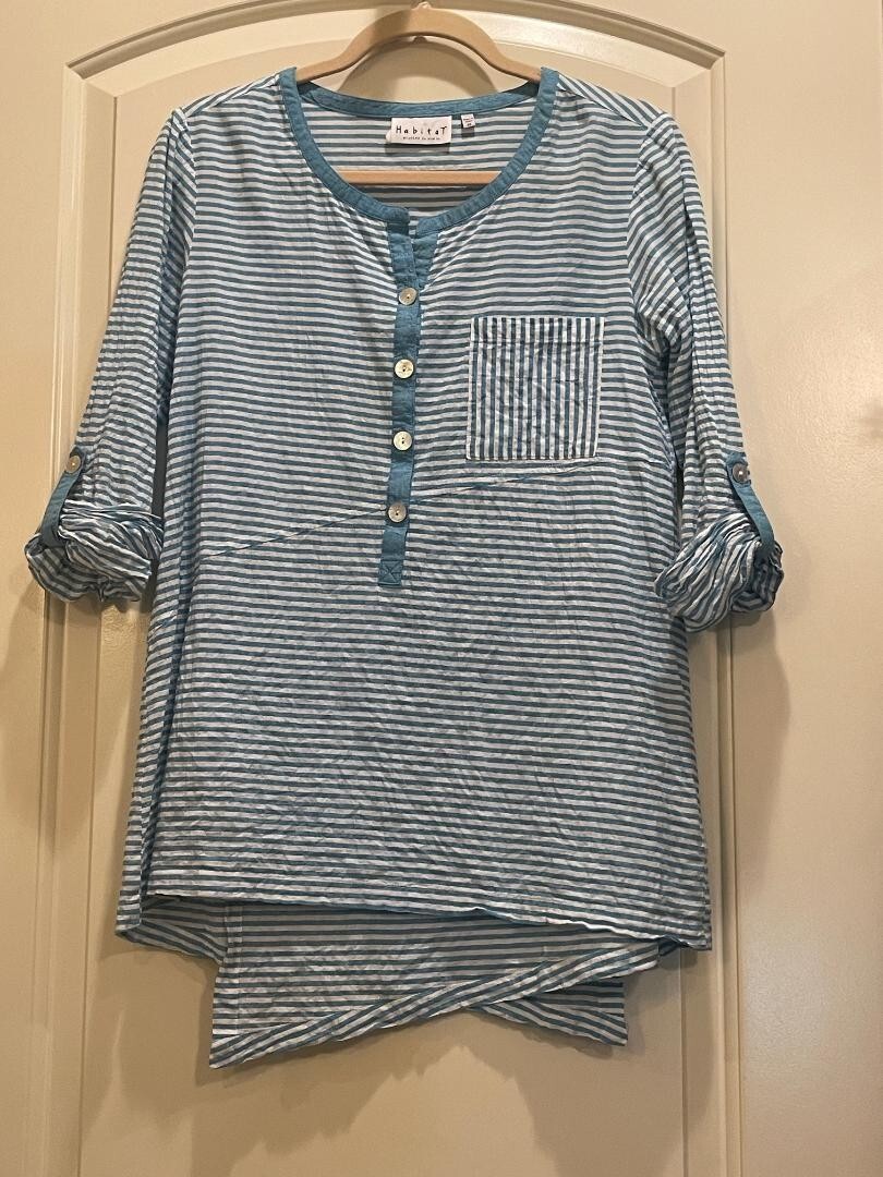 Habitat Clothes to Live In Women Aqua Blue/White striped Tunic 4 button front XS