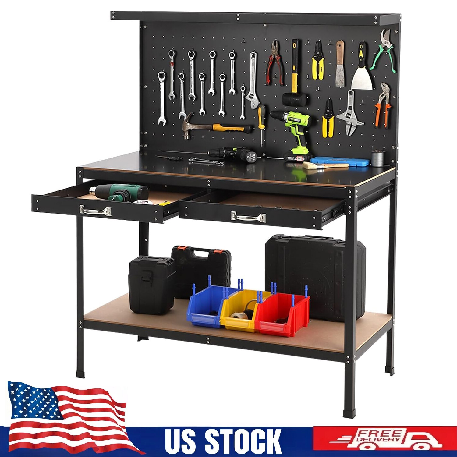 Workbench 48x24" Adjustable Work Bench Table Pegboard w/Power Outlet and Drawers