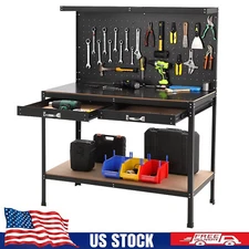 Workbench 48x24" Adjustable Work Bench Table Pegboard w/Power Outlet and Drawers