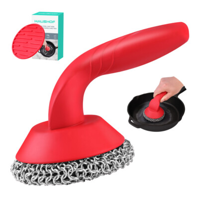 HAUSHOF Cast Iron Scrubber with Long Handle Chainmail Scrubber Cast Iron Cleaner