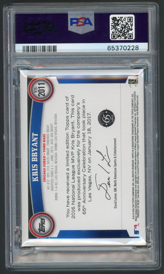 2016 Topps Transcendent Kris Bryant PSA 10 GEM MINT 65th Anniversary Party 29/65 - Image 2 of 2