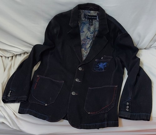 STACY ADAMS LOGO ON POCKET MEN'S BLACK COTTON DENIM BLAZER JACKET SIZE L - Picture 14 of 14