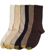 6 Pairs Gold Toe Casuals Women's Ribbed Crew Socks Assorted Browns Size 6-9