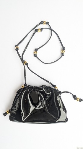 Schwarze Lackleder Umhängetasche kleine Tasche Beutel mit großen Goldperlen NEU - Bild 2 von 17