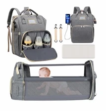 Diaper bag Backpack With Folding Crib With USB Port Gray/Khaki