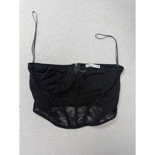 ZARA Black Lace Corset Crop Top Bustier Zipper Straps Size S