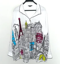 JOHN MARK Plus 1X Button-Up Tunic Top PARIS FRANCE EIFFEL TOWER Art To Wear