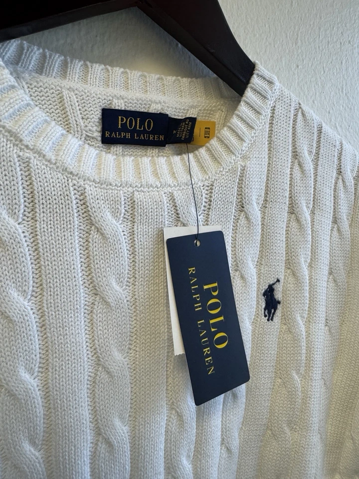 Suéter feminino novo com etiquetas tamanho M/Polo Ralph Lauren algodão malha cabo branco - Imagem 4 de 4
