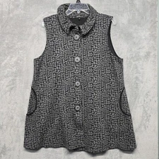 Yushi Vest Top Womens Sz Large Black Gray Pebble Dot Button Front Pockets USA