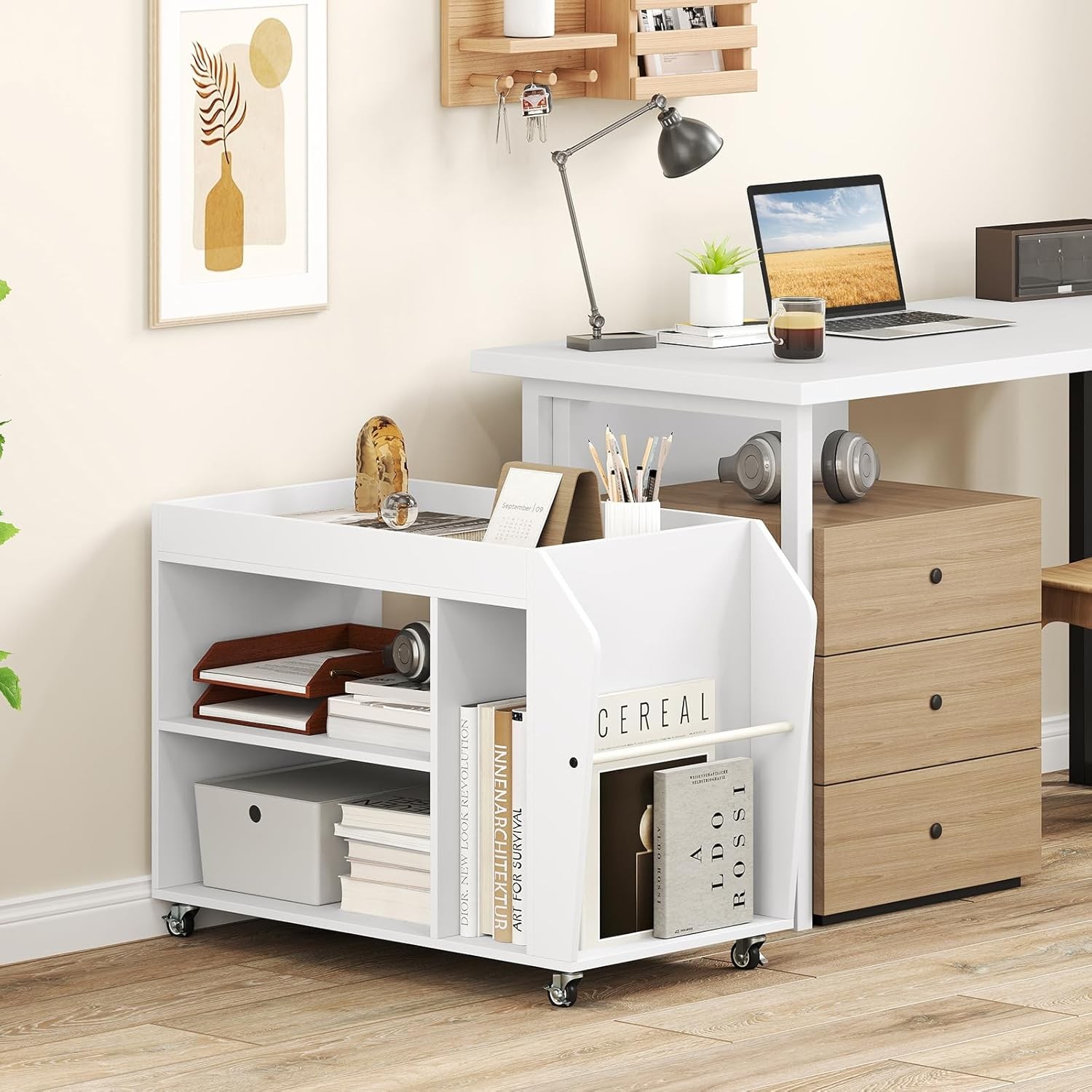 Record Player Stand Rolling Side Table Three Tier Shelf Storage Cart Sofa End