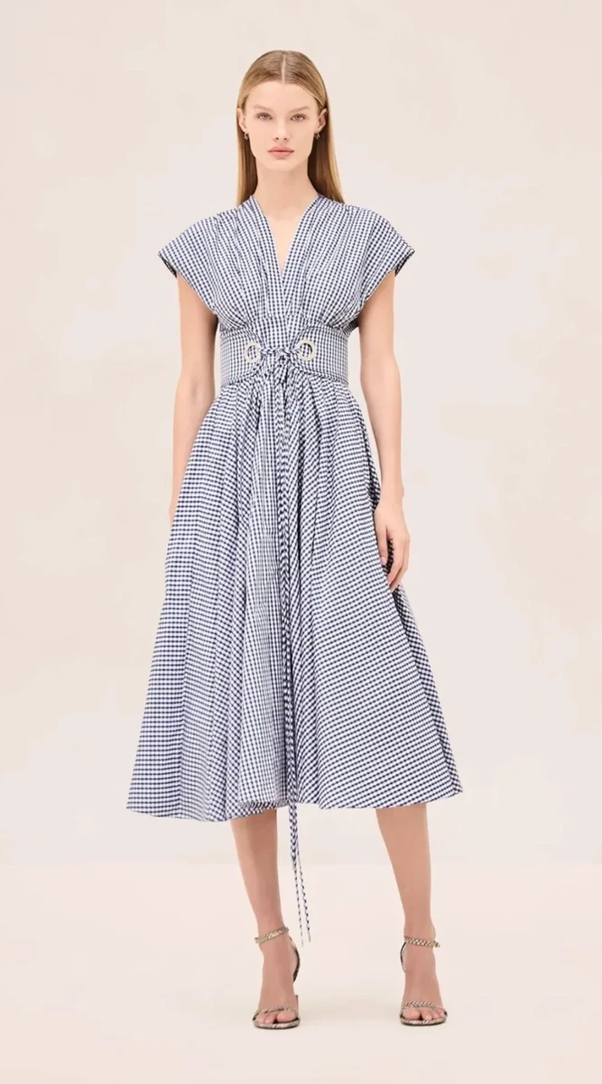 alexis blue and white dress Alexis Printed Linen Dress