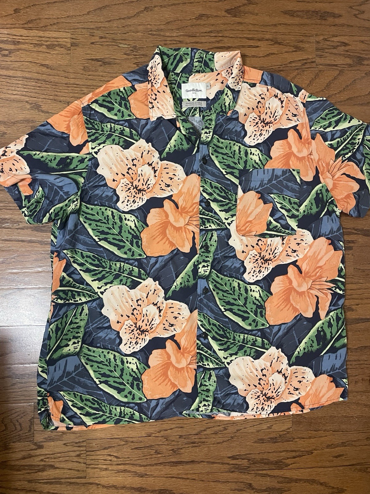 Good Fellow Hawaiian Button Shirt Blue Orange Green Size XL Aloha Style