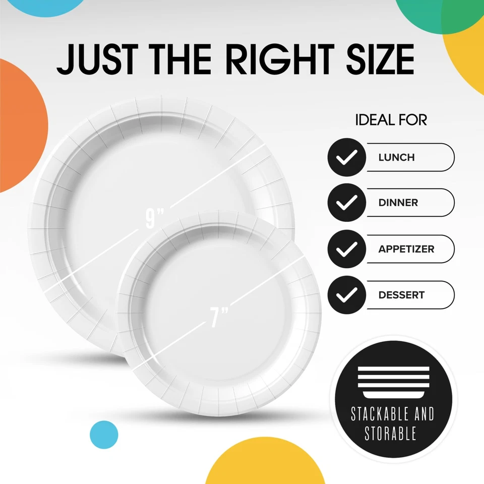 Exquisitos platos de papel blanco desechables de alta resistencia 200 piezas - 100-7" y 100-9"... Foto 3 de 4