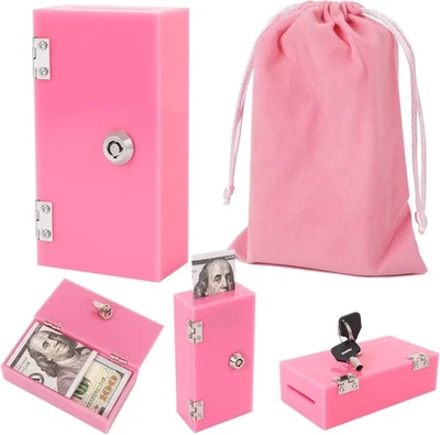 CLARITYCRAZE Pocket Size Acrylic Cash Box for Gambler,Winners Bank with 2 Keys Small, Pink
