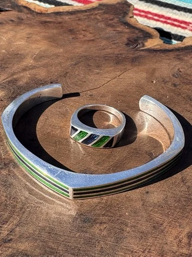 Vintage MCM Sterling Silver Green & Blue Enamel Cuff & Ring Set Germany RARE set