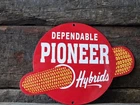 VINTAGE PIONEER HYBRIDS DEPENDABLE PORCELAIN SIGN SEED CORN  FARM 12"x8"