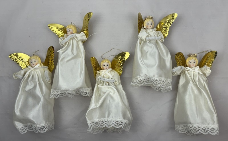 (5) Angel Christmas Ornaments - Porcelain Heads, Gold Wings, Ivory Satin Dresses