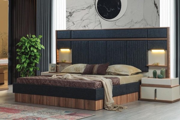 Moderne Schlafzimmer Garnitur Doppelbett Holz Nachttische Textilbett-image