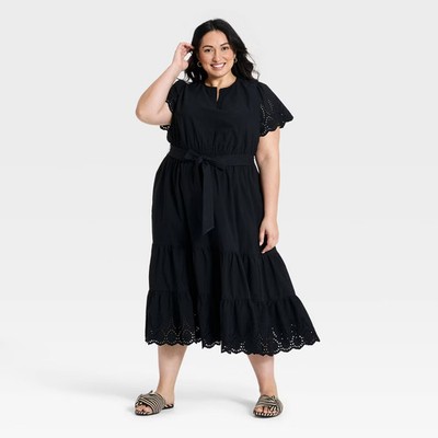 Women Short Flutter Sleeve V-Neck Front Tiered Eyelet Midi Dress - Ava
